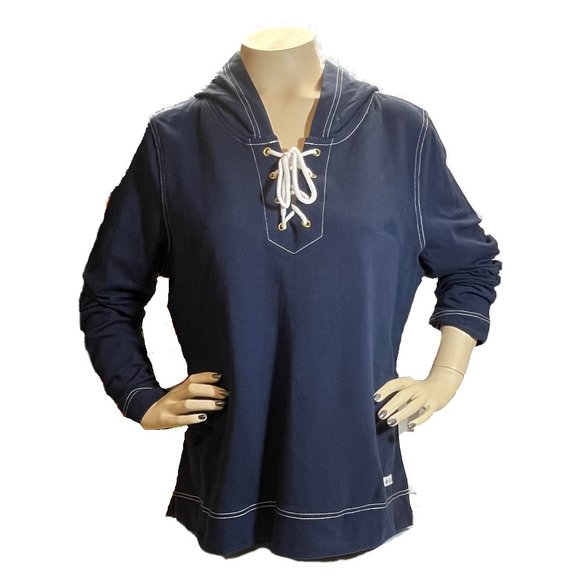 LIZ & CO. NAVY BLUE LONG SLEEVE PULL OVER HOODIE NWT SIZ XL - Picture 2 of 7